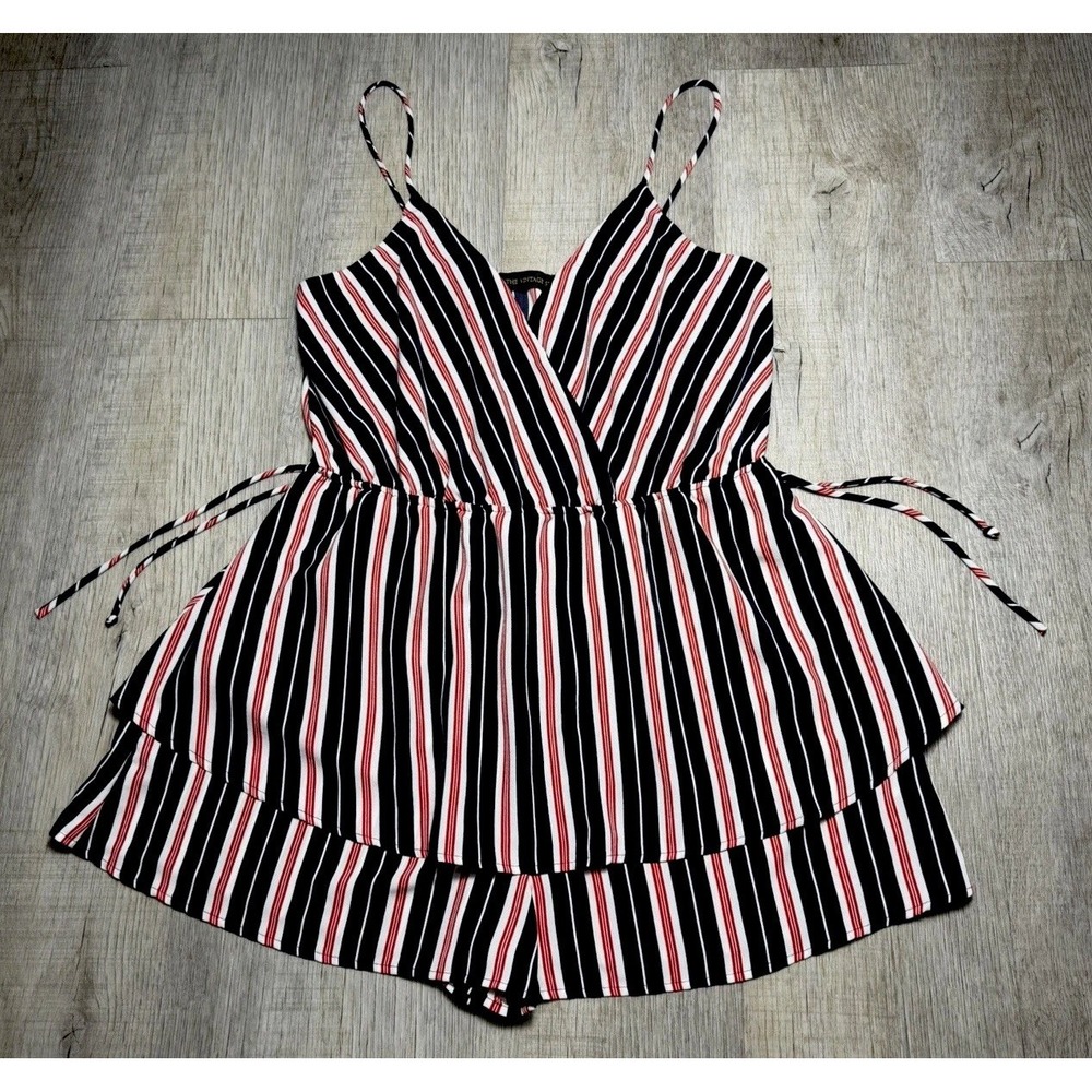 Vintage Shoppe Romper S-L Spaghetti Strap Faux Wrap Striped Red White & Blue - Picture 4 of 8